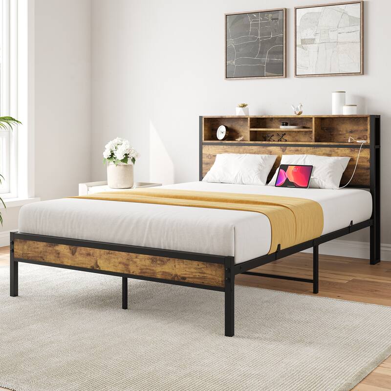 Black Metal and Wood Bookcase Platform Bed with Charging Station