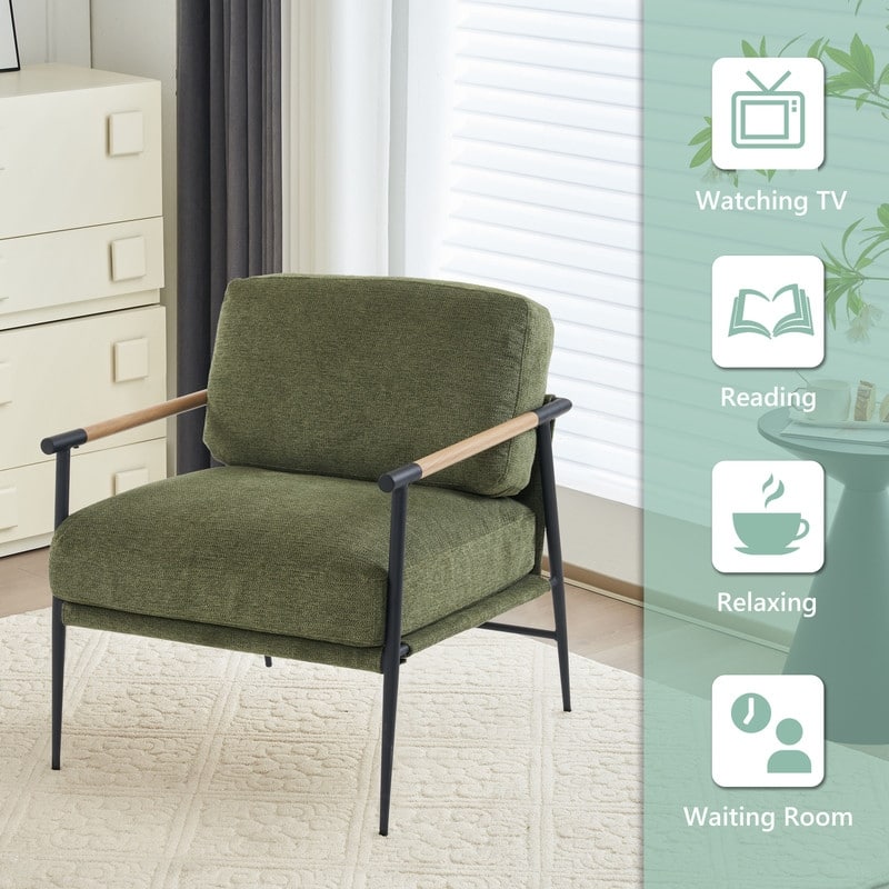 White Accent Chair Armchair Chenille for Living Room Mid Century Modern Accent Chair Metal Leg,Comfy Cushion Veneer Armrest