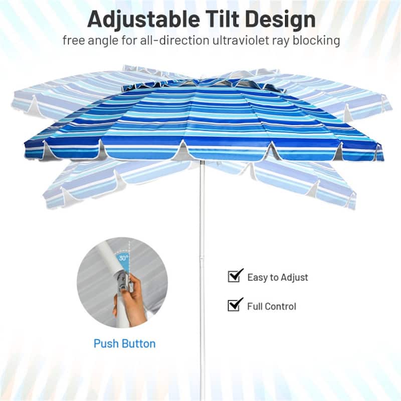 Large 8ft Beach Umbrella with Tilt and 16 Fiberglass Ribs for Beach or Patio Carry Bag Included