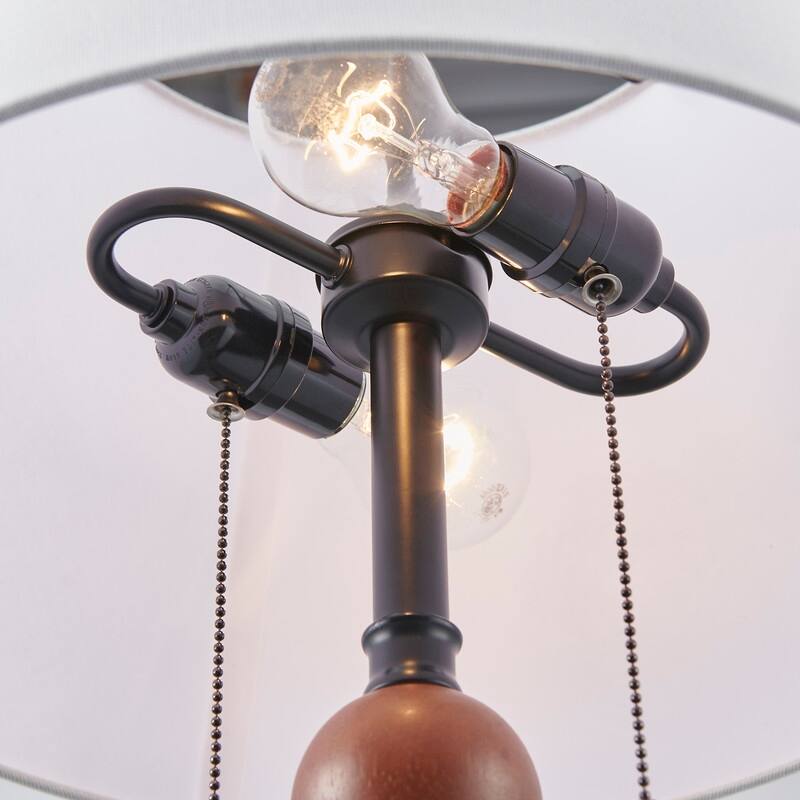 61''Black Metal & Red Wood Floor Lamp with Fabric Shade - W16" x D16" x H61"