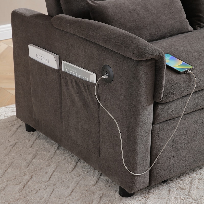 55" Velvet Two Seater Pull Out Sofa Bed, Adjustable Backrest With USB Ports, Two Side Pockets