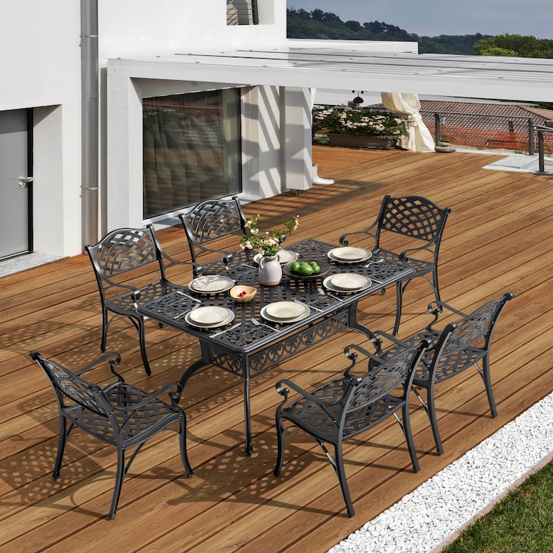Outdoor 7-Piece Cast Aluminum Dining Set, Lattice and Floral Patterns - Black