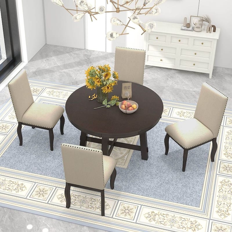 5 PCS Farmhouse Dining Table Set of 4 Chairs, Extendable
