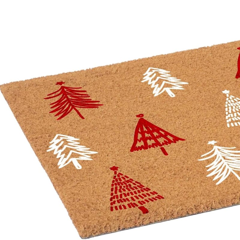 HomeRoots 17" X 29" Brown Red And White Christmas Trees Outdoor Coir Door Mat - 17.00' X '29.00