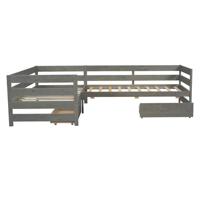 Twin Size L-Shaped Platform Bed With Three Storage Drawers