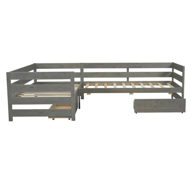Twin Size L-shaped Platform Bed with Three Storage Drawers, Natural