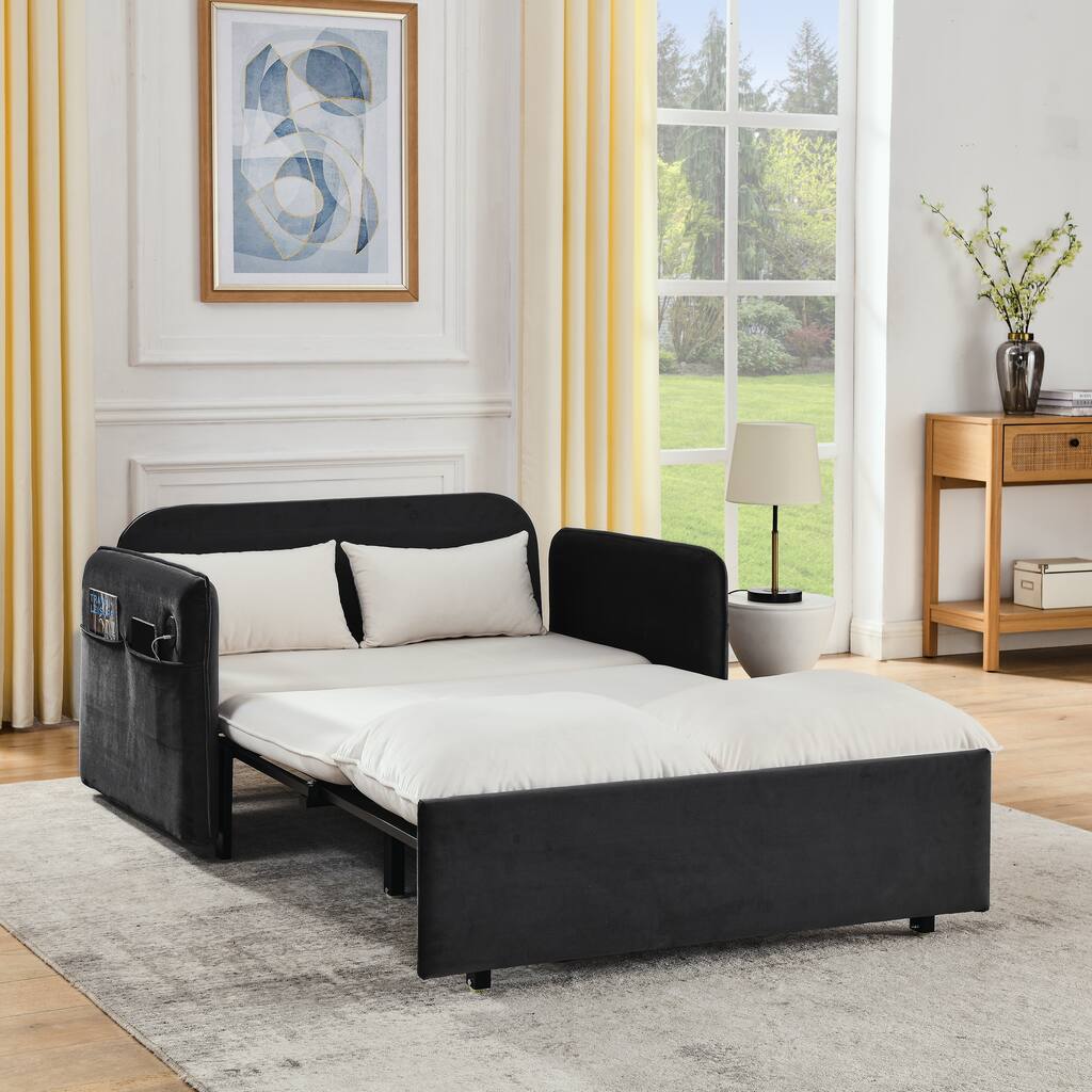 53" Modern Convertible Sofa Bed with USB Power Port, Velvet Pull-Out Sofa Bed with 2 Pillows for Living Room