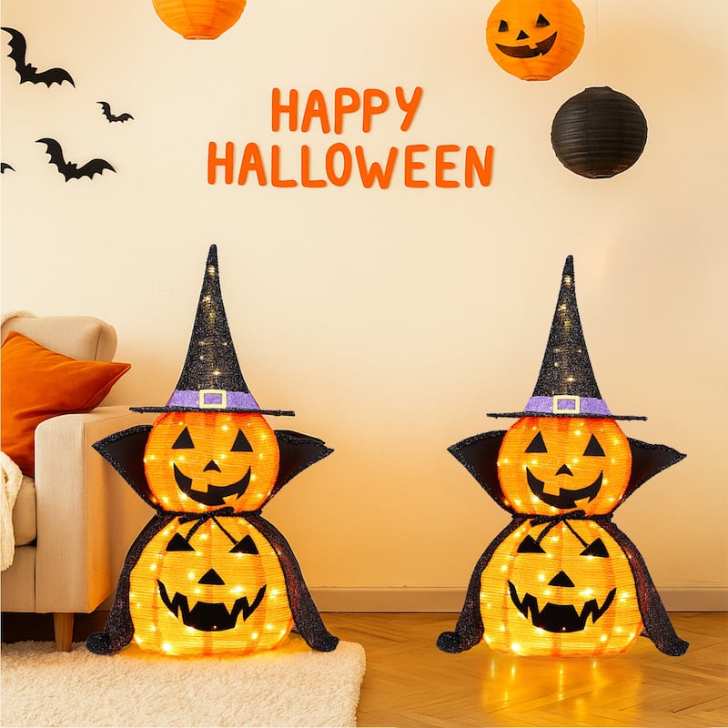 2-Pack 3 Feet Halloween Pumpkin Decorations with 176 Warm LED Lights for Indoor or Outdoor Use - 12"Dia x 36"H