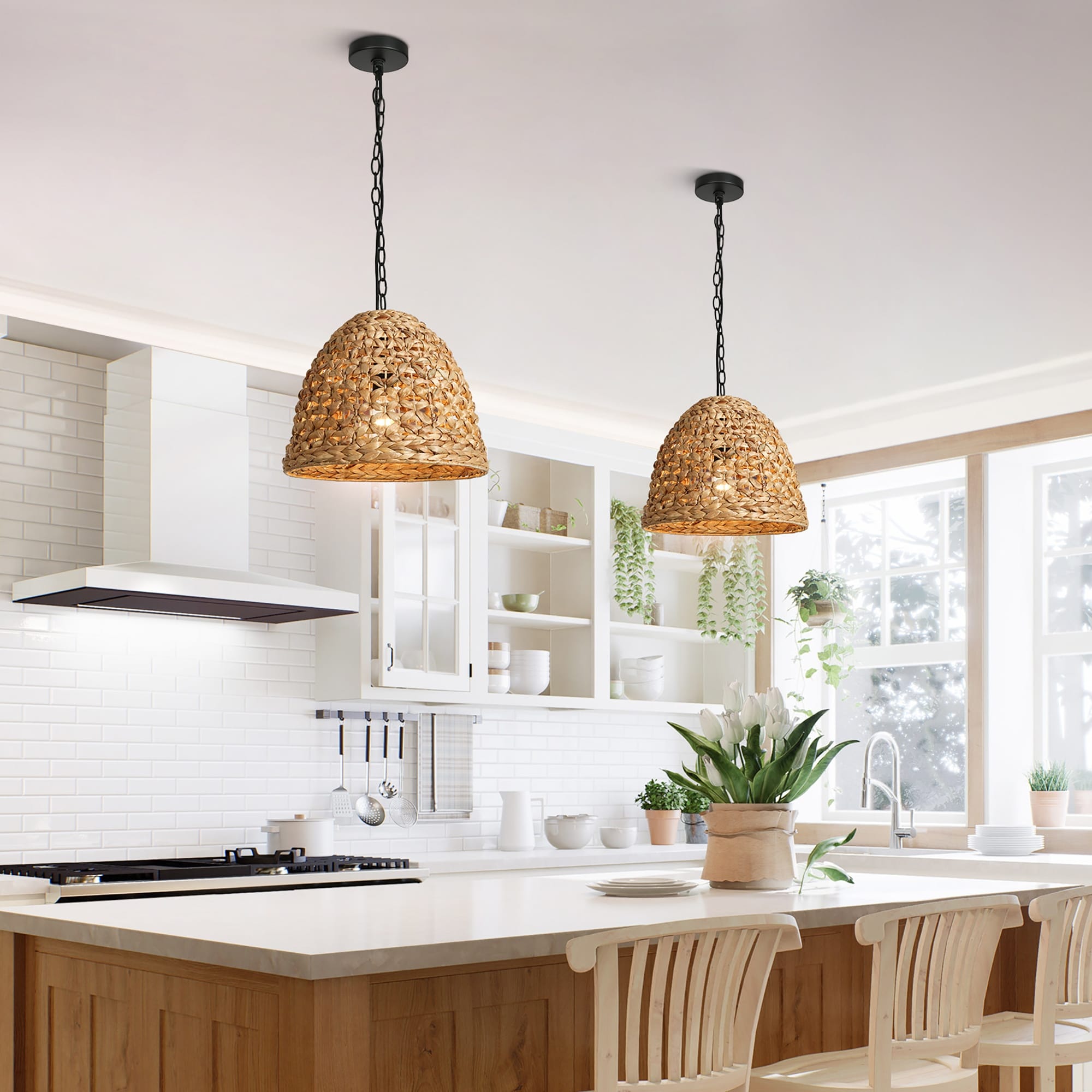 Ravy 1 Light Rattan Dome Pendant Lights Handwoven Kitchen Island Lights D15 xH12.2