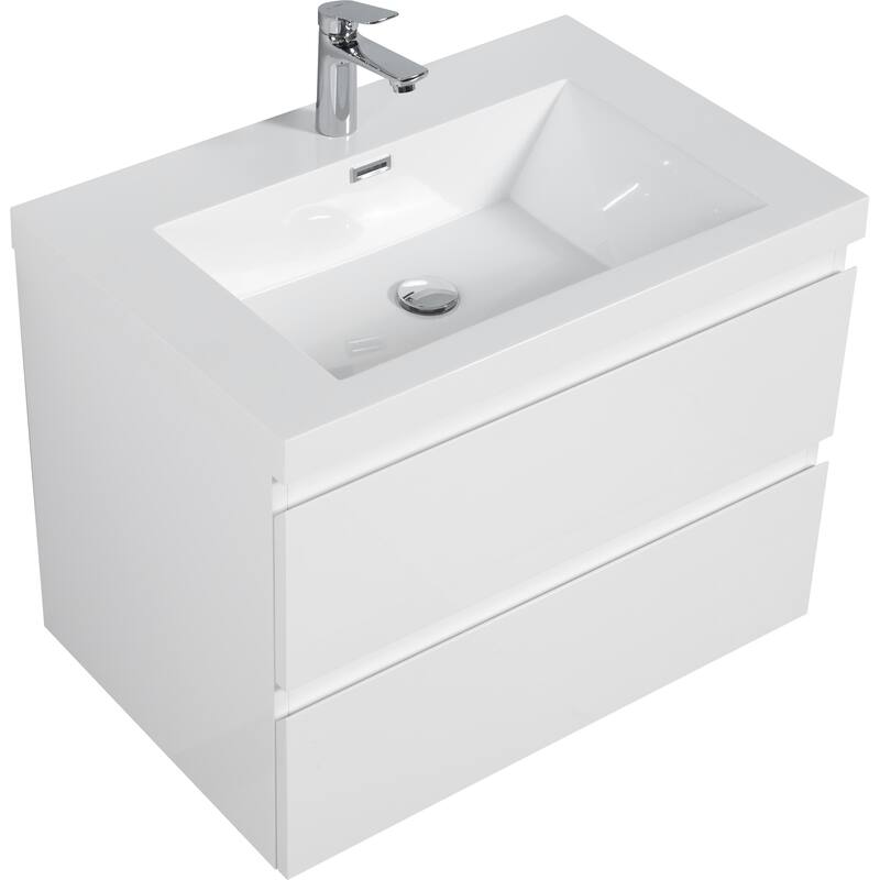 30" Modern Floating Bathroom Vanity with Glossy Resin Sink, Wall-Mounted Bathroom Cabinet with Soft Close Drawers