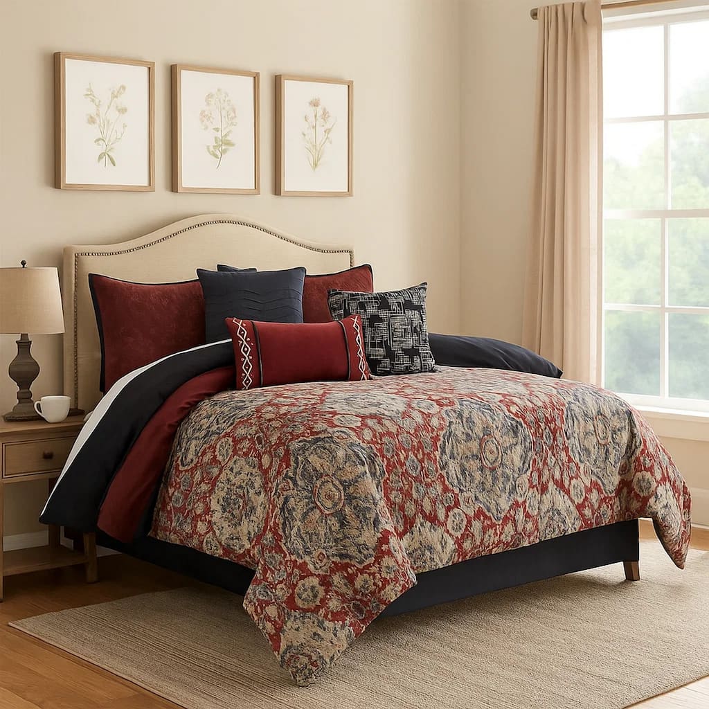 10 Piece King Size Comforter Set with Medallion Print, Red and Blue