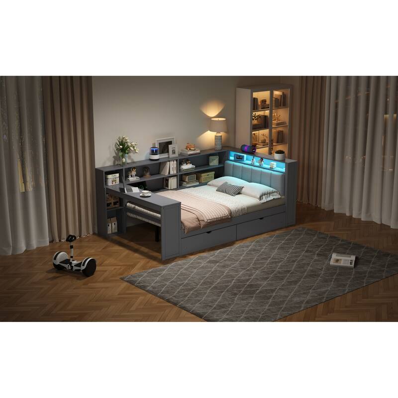Wood Daybed Twin Size Platform Bed with Storage Shelves, Drawers, Charging Station, Desk, LED and Upholstered Cushion Headboard
