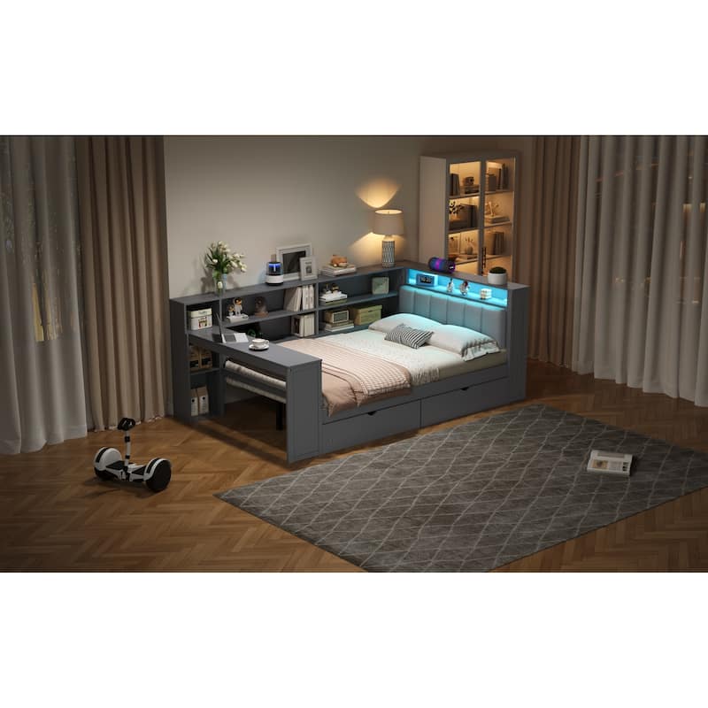 Wood Full Size Platform Bed with Storage Shelves Drawers and Charging Station