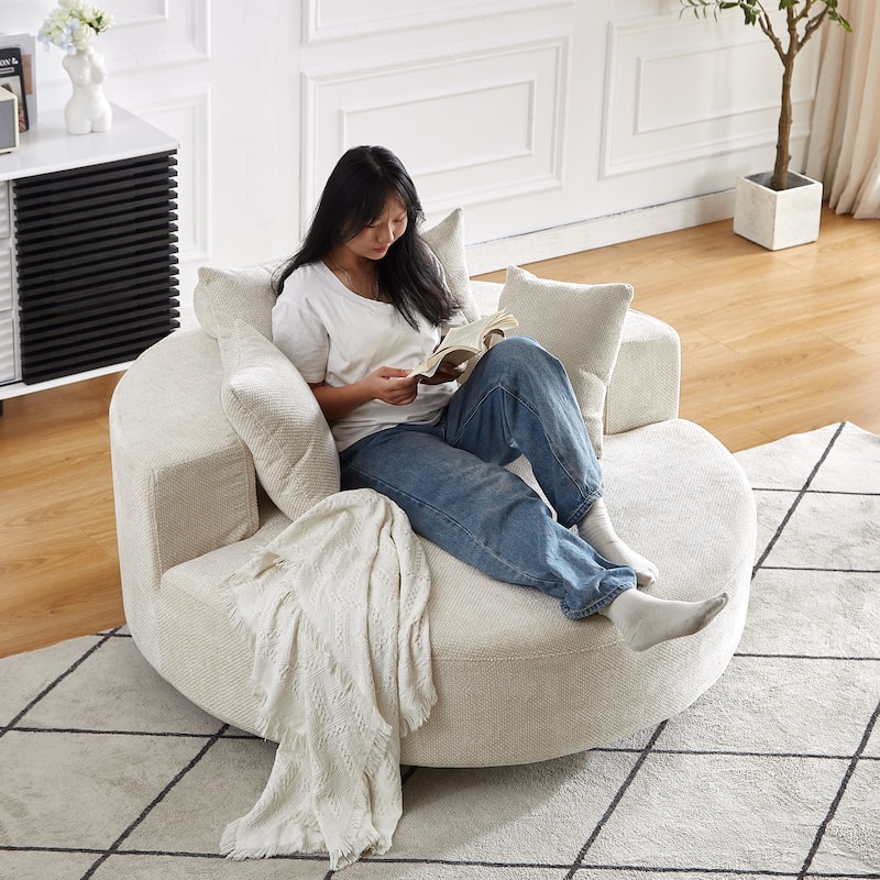 360° Swivel Sofa Chair Chenille Round Single Chaise Lounge with Cylindrical Neck Pillow and Integrated Backrest for Living Room