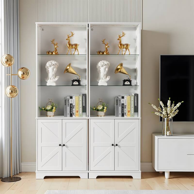 White Wooden Freestanding Open Shelves Storage Cabinet with Glass Doors and RGB LED Lights - 23.62” x 9.25” x 70.9” (L x W x H)