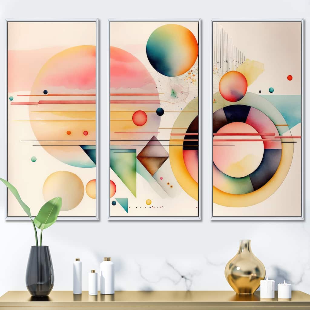 Designart "Pastel Minimalist Multi Shape Art III" Modern Geometric Framed Canvas Art Print - 3 Panels