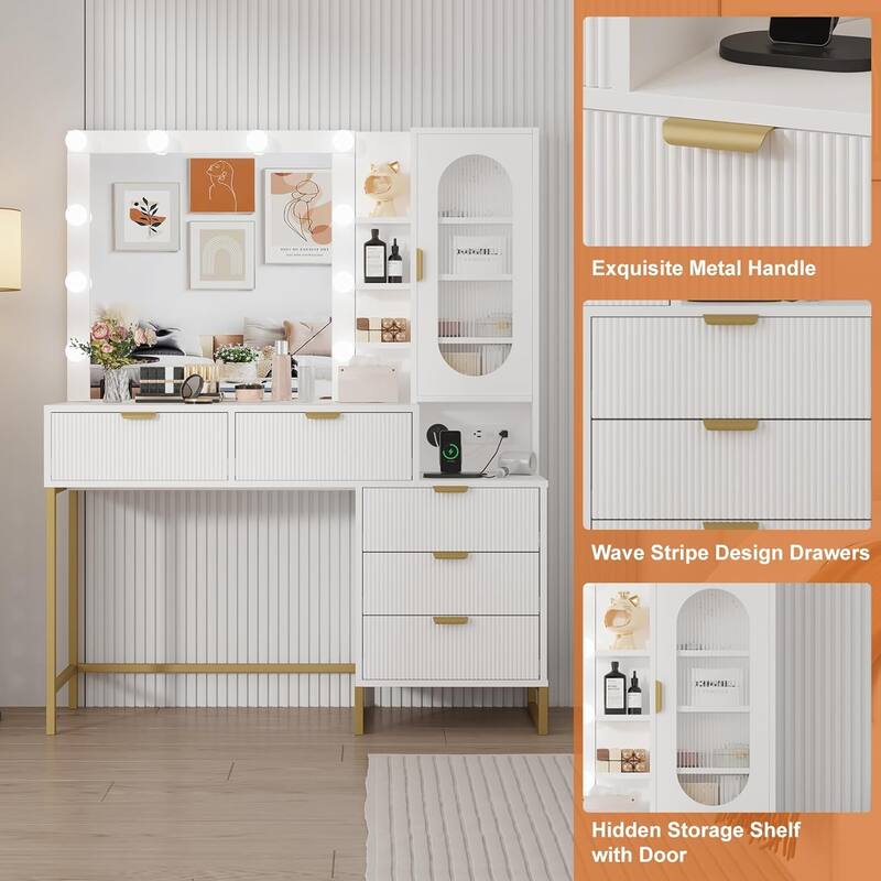 Modern Makeup Vanity Desk with Lighted Mirror, Power Outlets & Storage, Wood Fluted Dressing Table for Bedroom