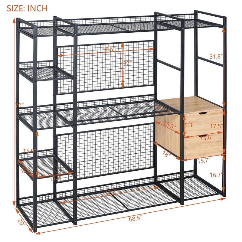 Open-Style Wardrobe with Hanging Rails, Shelves and Drawers - N/A
