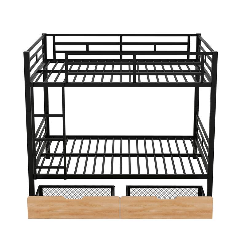 Full Size Convertible Metal Bunk Bed with 2 Drawers, Black