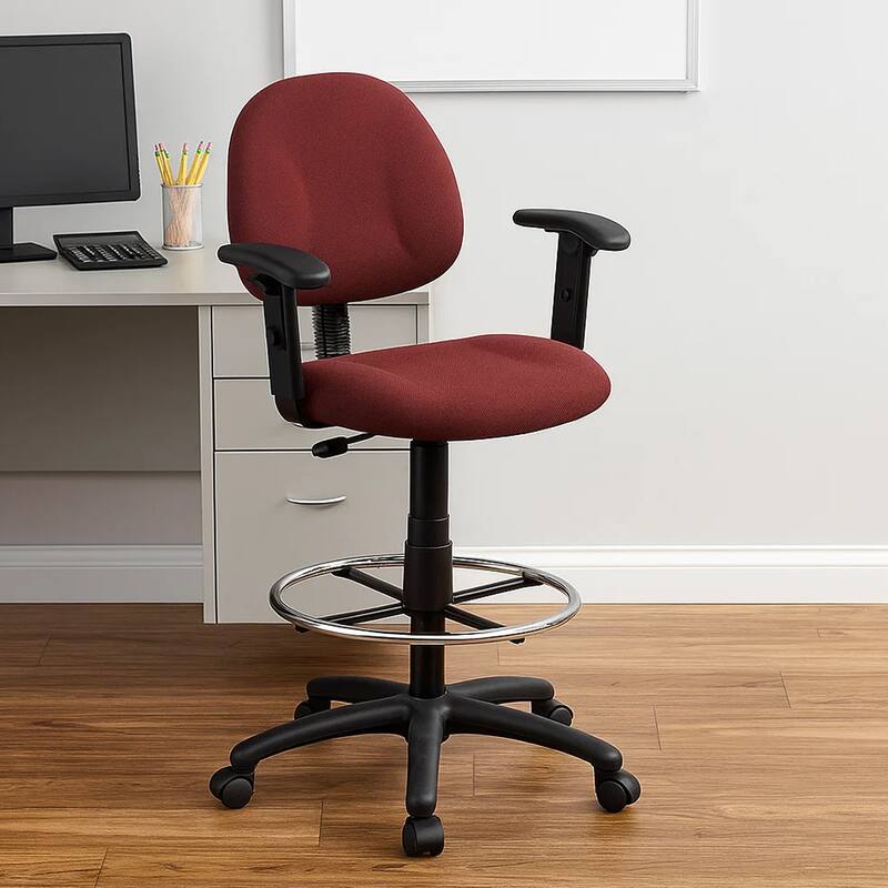Jea Drafting Stool Chair, Adjustable, Burgundy Red Tweed, Round Footring