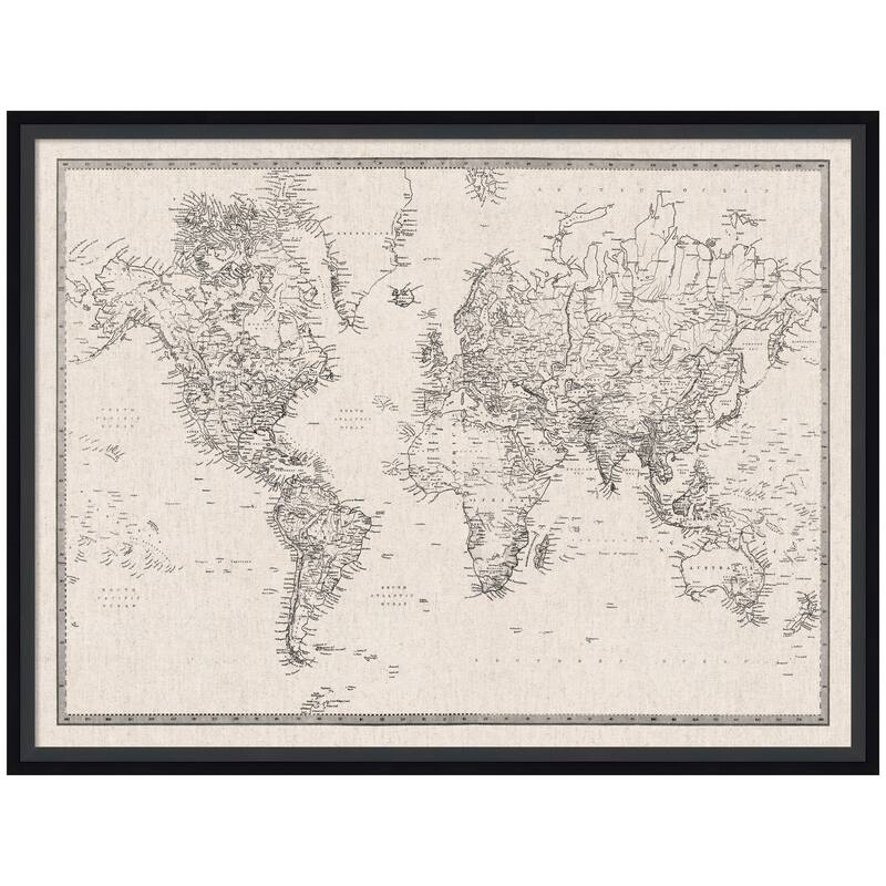 Kate and Laurel Framed Fabric Pinboard Vintage Black and White Linen World Map Wall Organization - 25 x 19 - Black
