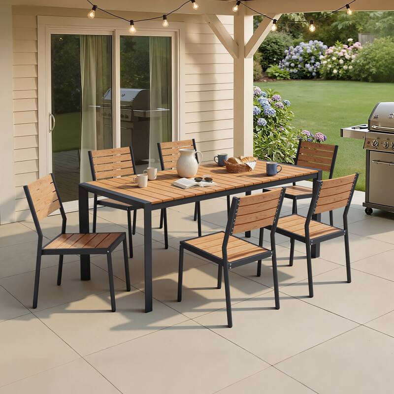 7/9/11-Piece Outdoor Patio Dining Set Aluminum Dining Table with Umbrella Hole and Stackable Dining Chairs - Brown - Set of 7