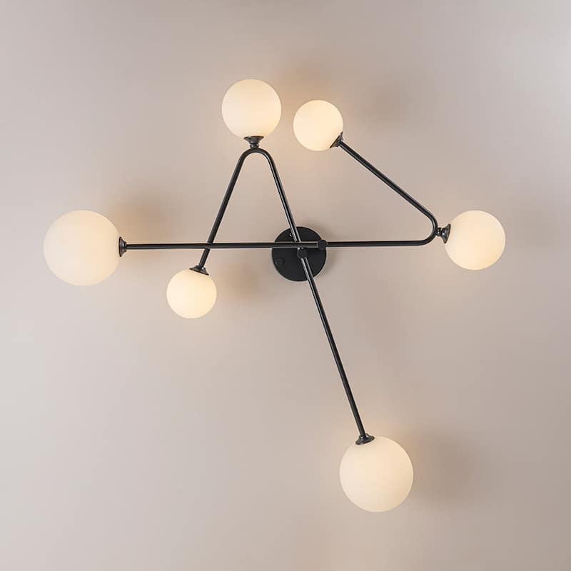 6-Light Brass Geometric Arm Opal Glass Globe Semi Flush Mount