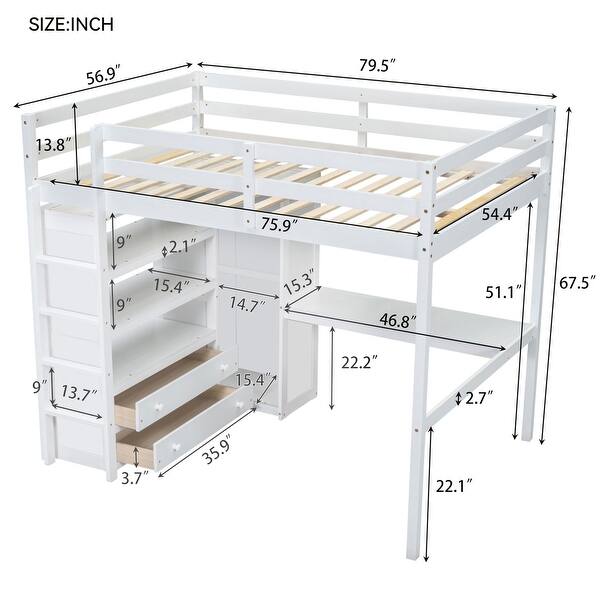 dimension image slide 0 of 2, Bedroom Full Size Loft Bed with Built-in Wardrobe and Desk, Wood Bed Frame with Storage Shelves, Full-length Guardrail & Drawers