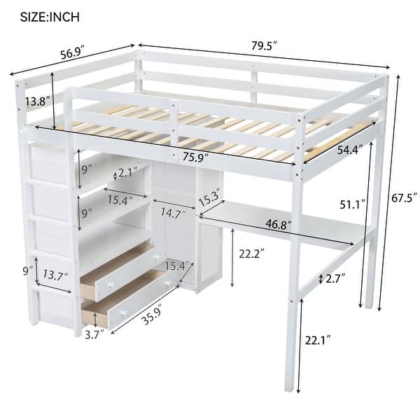 dimension image slide 1 of 2, Full Size Wood Loft Bed with Built-in Wardrobe, Desk, Storage Shelves and Drawers, White