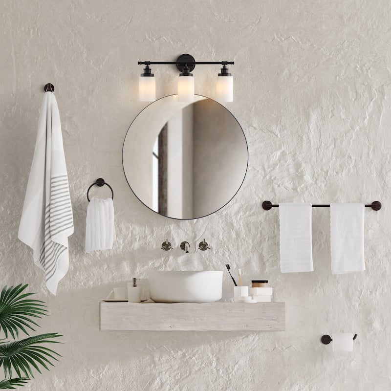 Hugo 23.25" 3-Light Classic Vanity Light with Frosted Glass Shades and Bathroom Hardware Accessory Set, (5-Piece) by JONATHAN Y