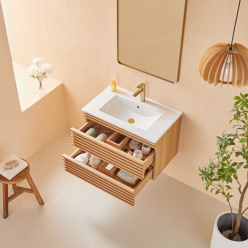 Modland 30" Wall Mount Bathroom Vanity with Ceramic Sink - 2 Soft-Close Drawers, Silk Mist Oak - 30 inch