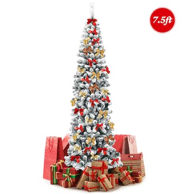 Gymax 7.5ft Snow Flocked Pencil Christmas Tree Artificial Pine Tree w/ - See Details