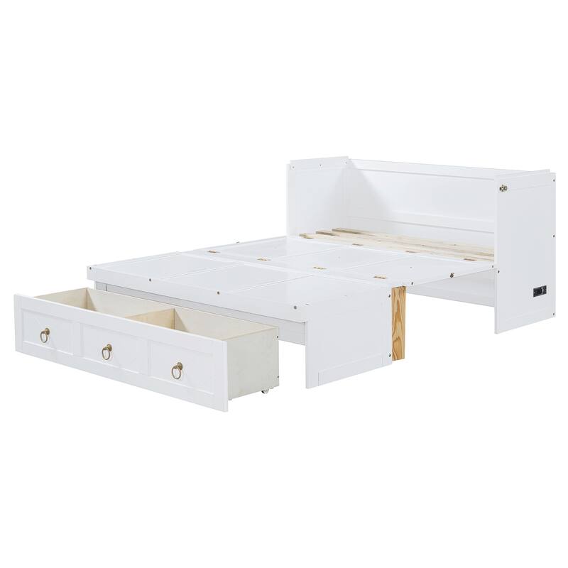 Space-Saving Full/Queen Murphy Bed with USB Charging Port, Storage Drawer, and Pine Wood Frame
