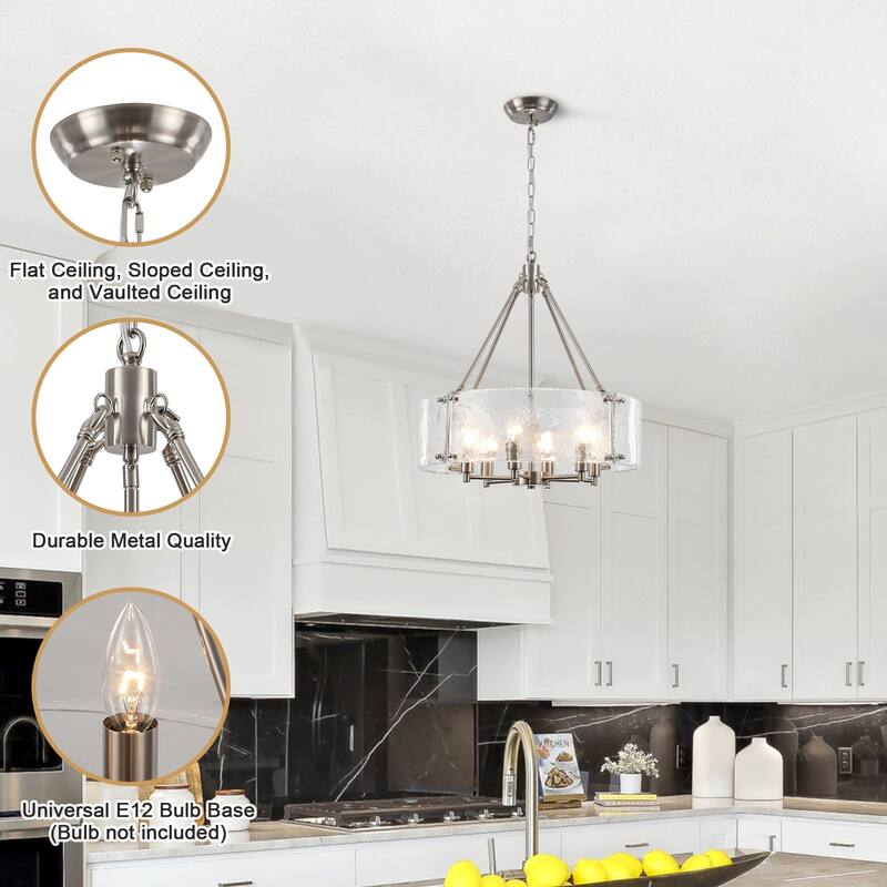 19.68 in. Modern 6-Light Dimmable Drum Candle Chandelier with Ripple Glass Shade