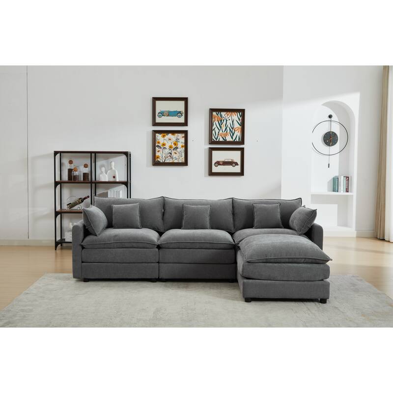 L-Shaped Modular Sectional Sofa with Removable Ottoman, Chenille Upholstered 3-Seater Sofa, Deep Seat Sofa with Pillows