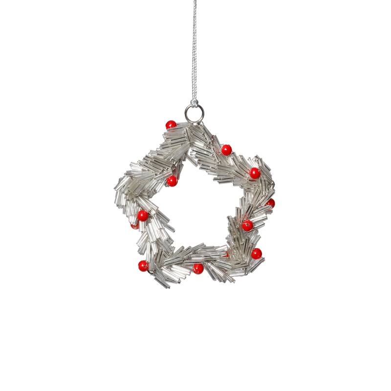 Festive Beaded Christmas Star Hanging Ornaments with Red Berries, Set of 12, 4" - Silver