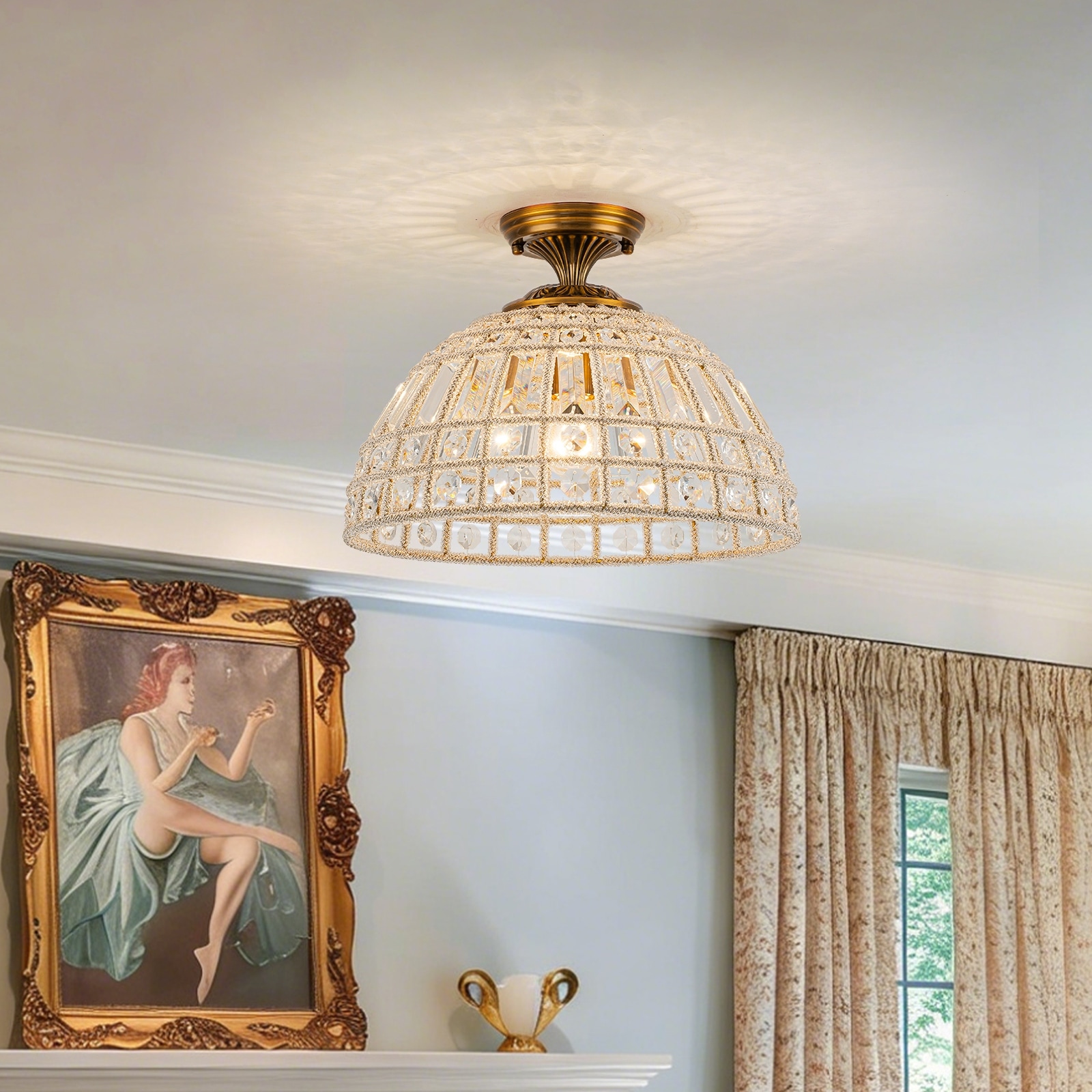 Retro French 1-Light Antique Brass Crystal Flush Mount Ceiling Light