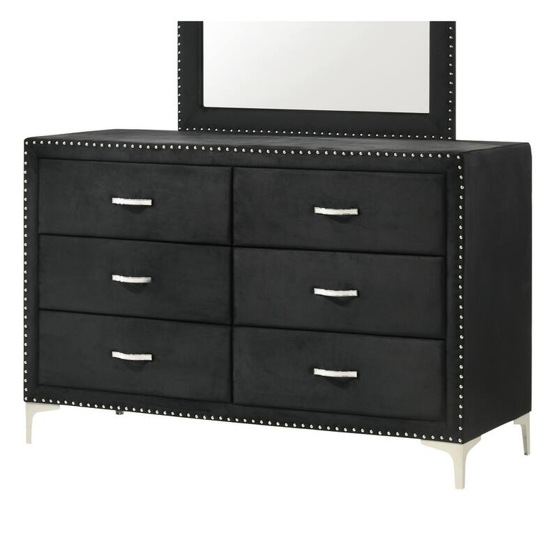 60" Glam Six Drawers Dresser with Fabric Upholstered Tufted Nailhead and Tempered Glass