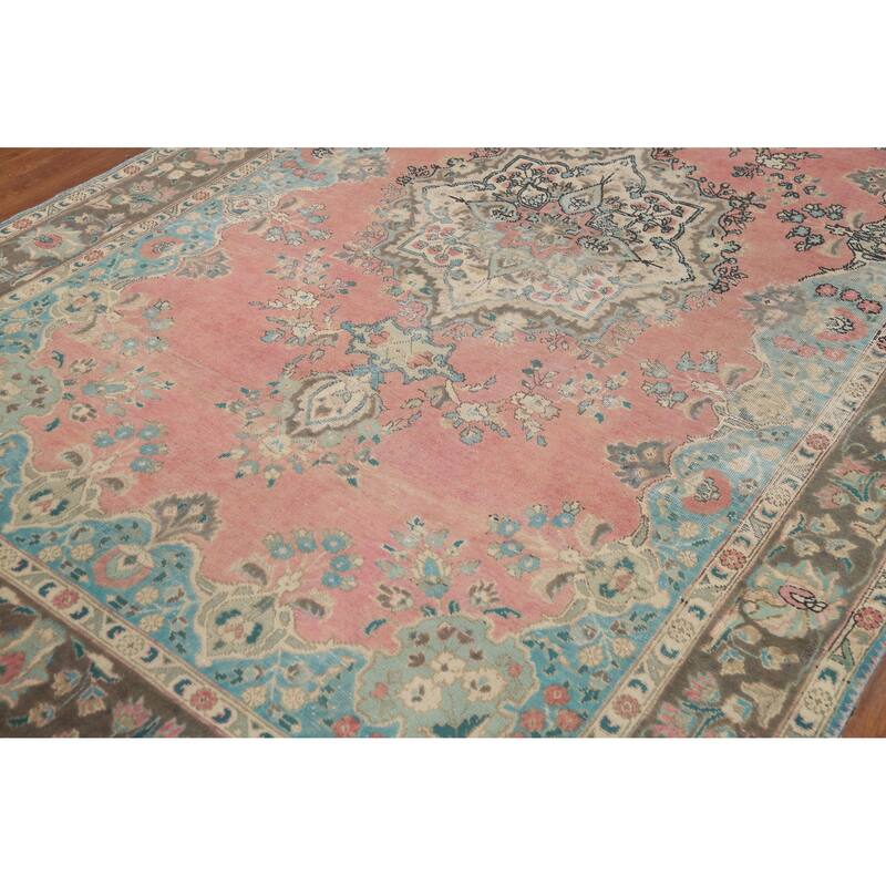 Pink Tabriz Persian Vintage Area Rug Hand-Knotted Wool Carpet - 6'6" x 10'4"