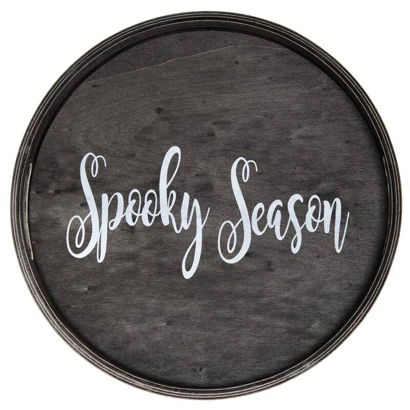 HomeRoots 14" Black And White Spooky Season Round Serving Tray With Handles - 13.75 in. x 1.65 in. x 13.75 in.