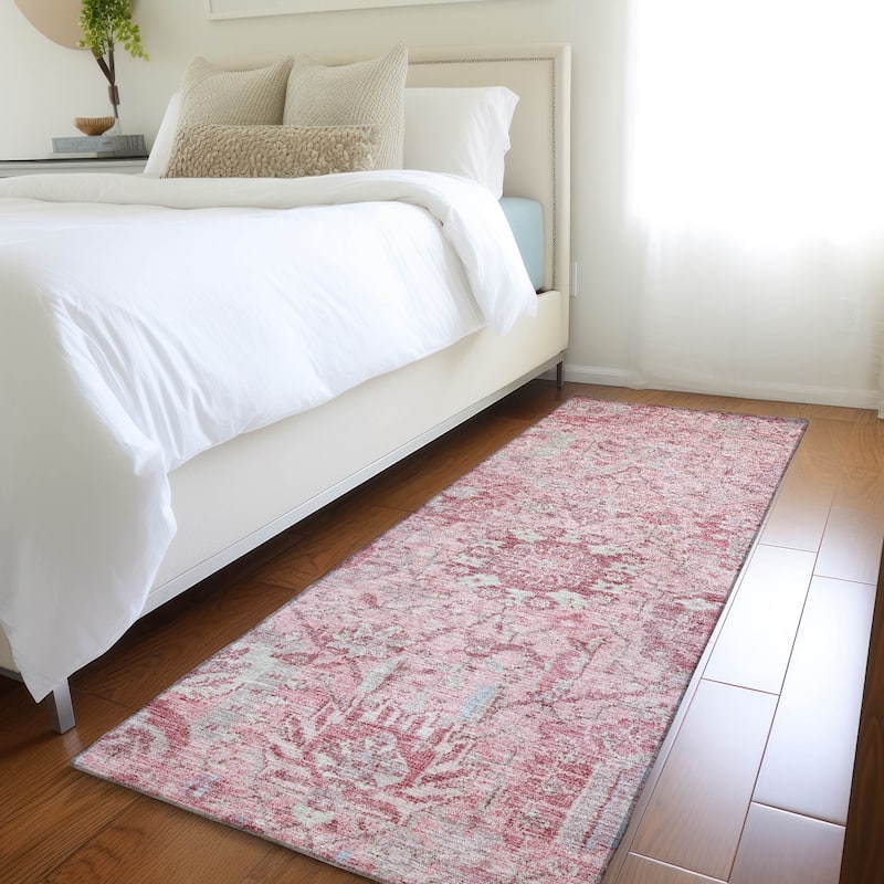 Machine Washable Indoor/ Outdoor Vintage Traditional Chantille Rug - Pink - 2'3" x 7'6"