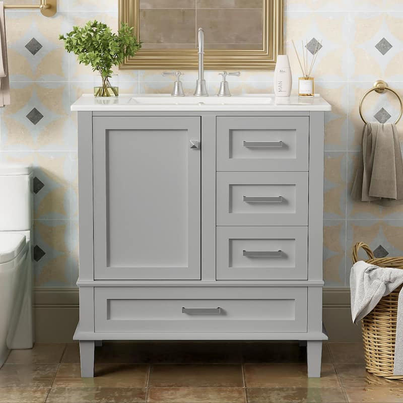 GDFStudio - Iris Wood & Ceramic Modern 30" Bathroom Vanity with Sink, Soft-Close Door & 3 Drawers - 30" - Grey