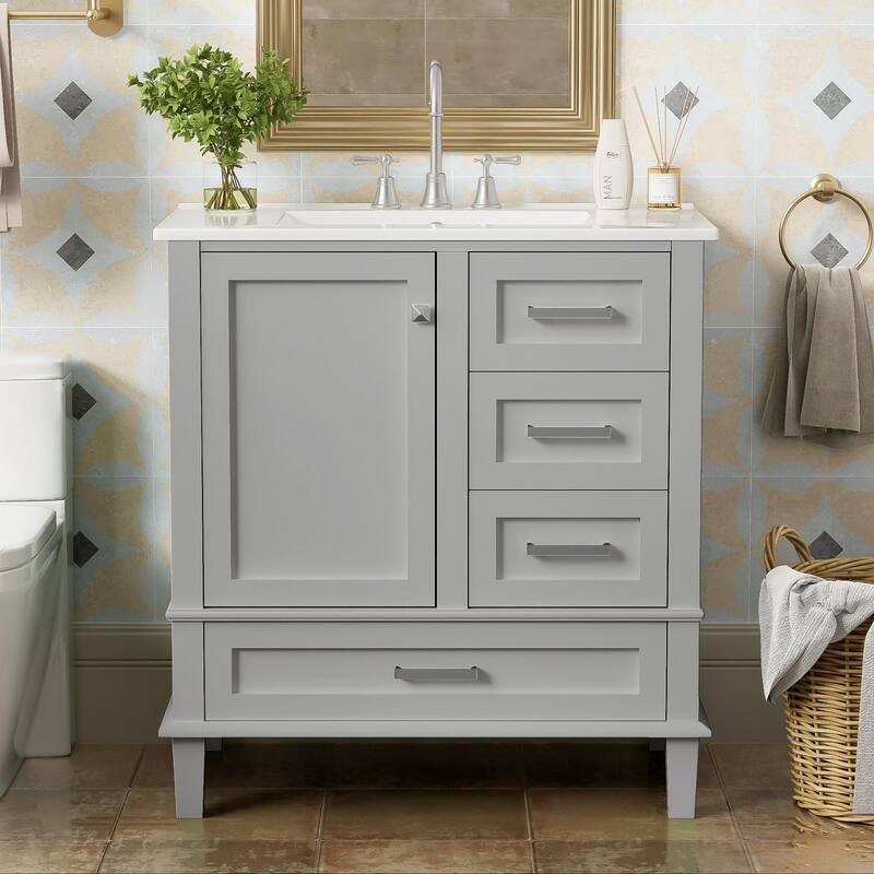 Single Sink Bathroom Vanity Cabinet, Vanity Base & Ceramic Sink Combo Set, 3 Drawers Bathroom Storage Cabinet, 30 Inch - Grey - 30 Inch