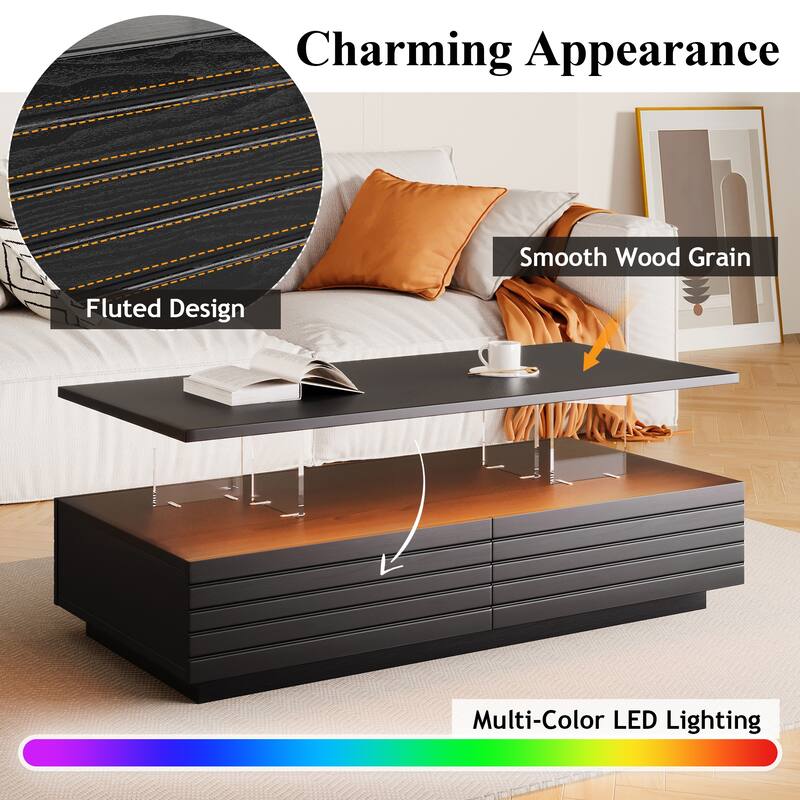 Modern White Rectangular LED Lights Coffee Table with 2 Drawers