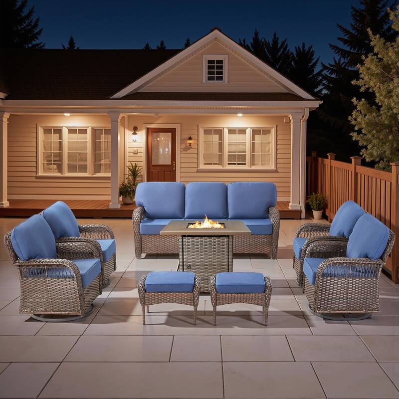Pocassy Patio Outdoor Fire Table with Sofa Ottoman Swivel Chair Set. - Brown Wicker Blue Cushion - 8-Piece Sofa Swivel Chair Ottoman w/ Fie Table