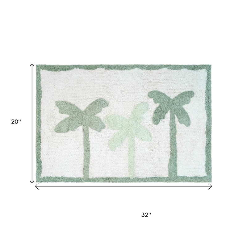 HomeRoots 32" Green And White Cotton Palm Trees Bath Rug