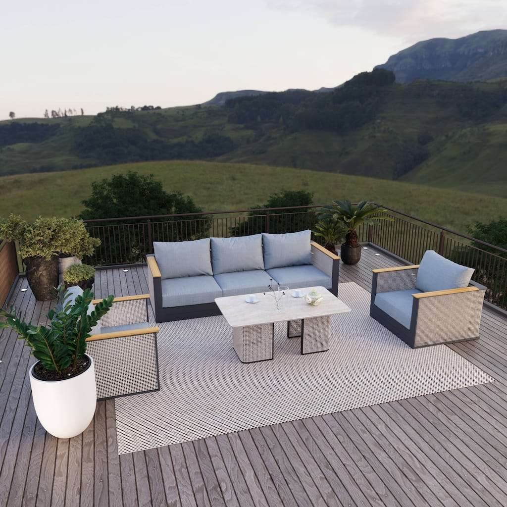 Arvin 4-Piece Outdoor Patio Conversation Set in Aluminum with Olefin Fabric Cushions Sintered Stone Rectangular Coffee Table