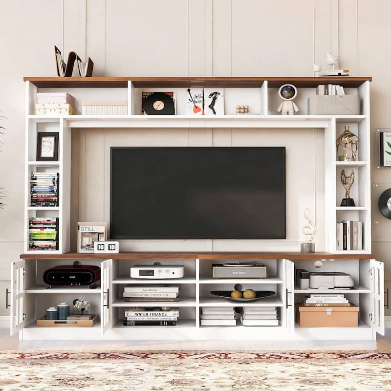 Modern 95.5" Wall Unit TV Stand for TVs up to 80" with Bookshelves, Cabinets, Glass Doors - White