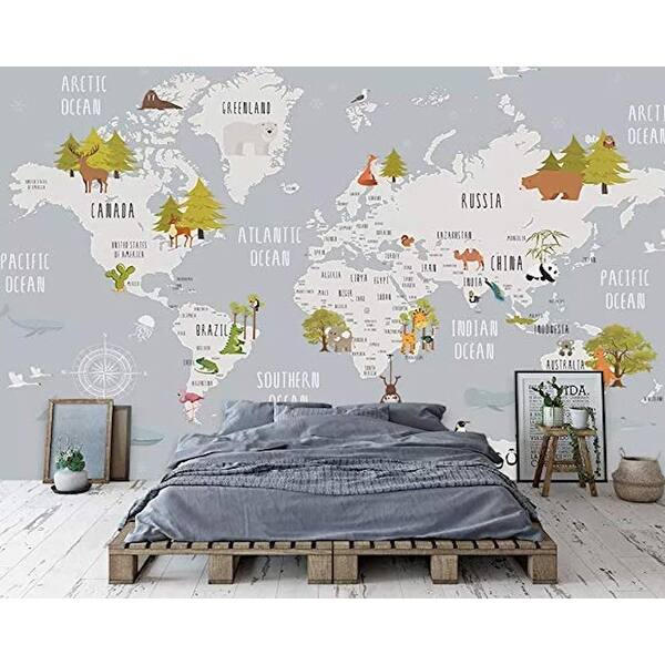 slide 2 of 6, GK Wall Design World Map and Animal Kids Removable Wallpaper H:106" x W:187" - LIGHT GREY