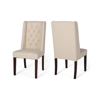 Nathan Dining Chair Set of 2, Dark Brown Wood, Tufted Beige Wingback